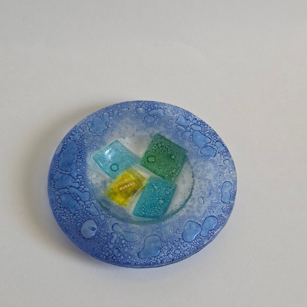 Vetro Murano Art Glass Dish Blue Bubble Fused Glass Trinket Bowl 3.75"